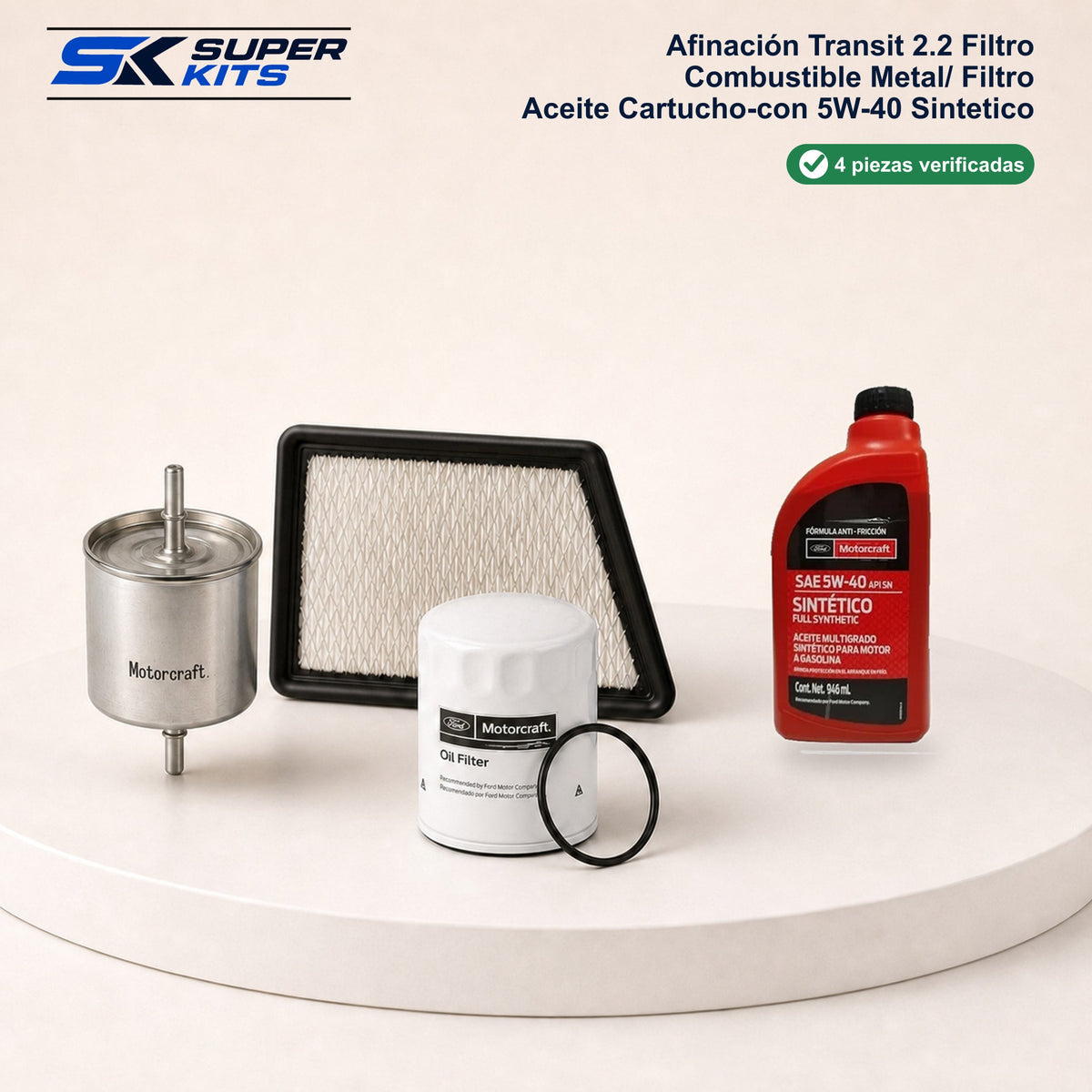 Kit AFINACION TRANSIT 2.2 FILTRO COMBUSTIBLE METAL/ FILTRO ACEITE CARTUCHO-CON 5W40 SINTETICO — contenido del kit con aceite Motorcraft para México